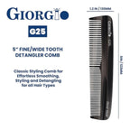 Giorgio G25 FineTooth and WideTooth Pocket Comb - Hair Styling Comb for Men and Women, Handmade Beard Combs for Men, Barber Combs, for Grooming,Saw Cut and Polished (Black Graphite)