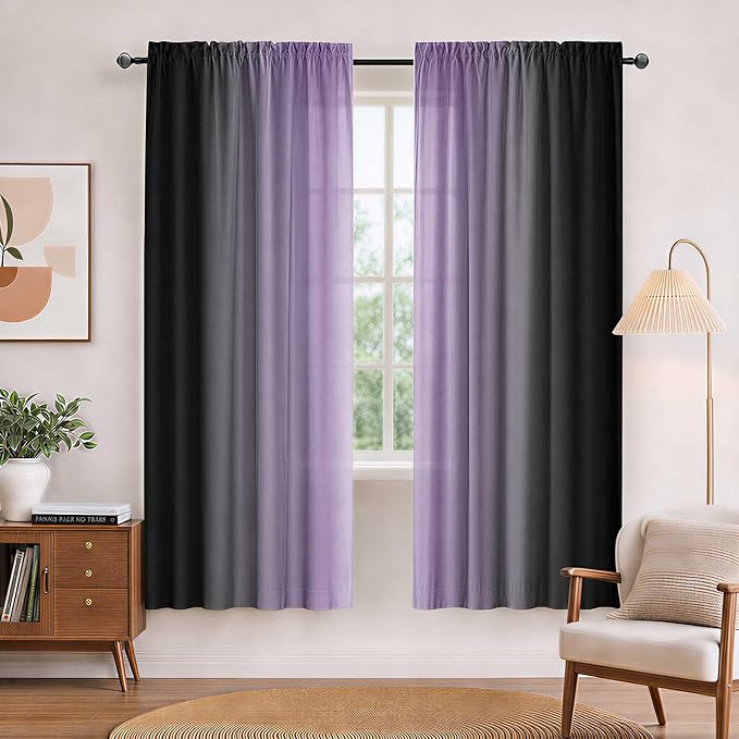 Purple and Black Curtains for Living Room 63 Inch Length Ombre Curtains 2 Panel by XFLINGBAO