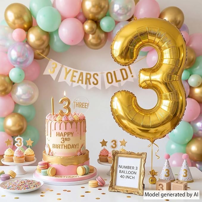 Gold Number 3 Balloon 40 Inch, Shiny Gold Foil - Image 7