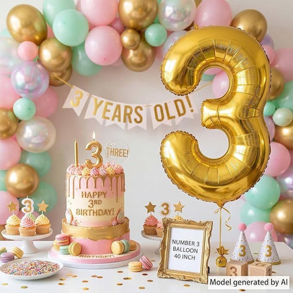 Gold Number 3 Balloon 40 Inch, Shiny Gold Foil - Image 7