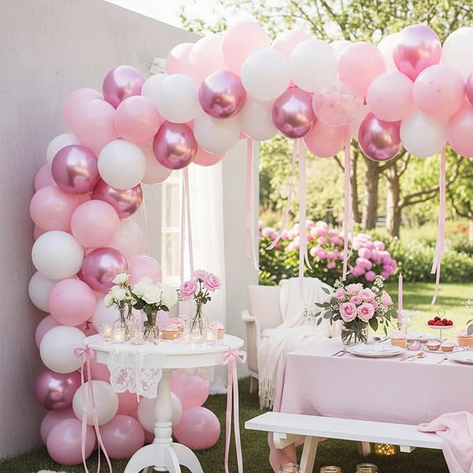 Pink Balloons Set, 12 Inch Metallic Light Baby Pink and White Balloon, - Image 4