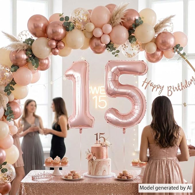 Rose Gold Number 15 Balloon 40 Inch, Radiant Foil Duo - Image 6