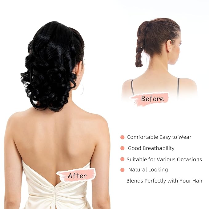 Ponytail Extension, Clip on Ponytails for Women, 12" Claw Clip in Short Curly Wavy Pony Hair Extension for Women - Black