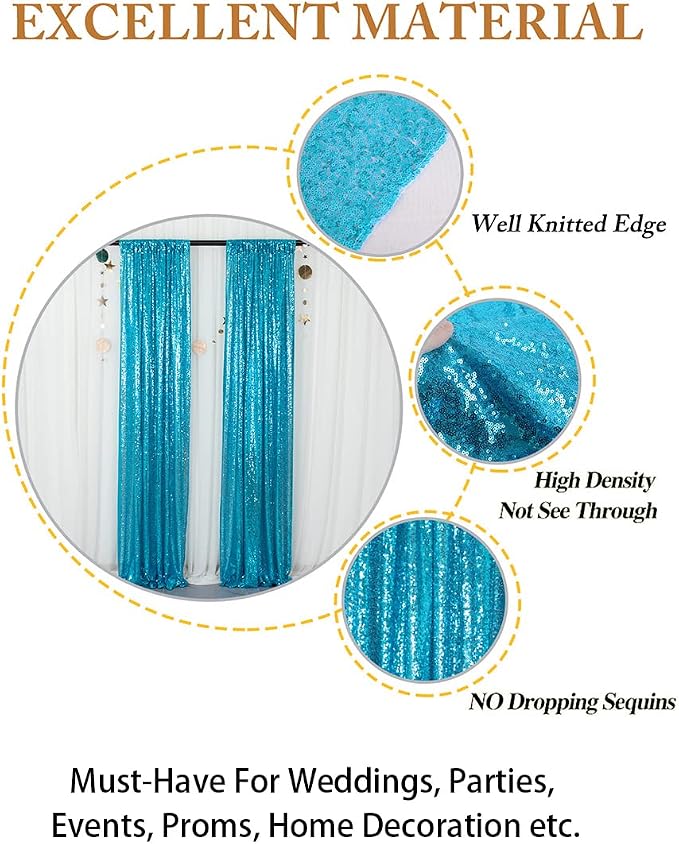 ShinyBeauty Sequin Curtains 2 Panels Turquoise 2FTx8FT Sequin Photo Backdrop - Image 6