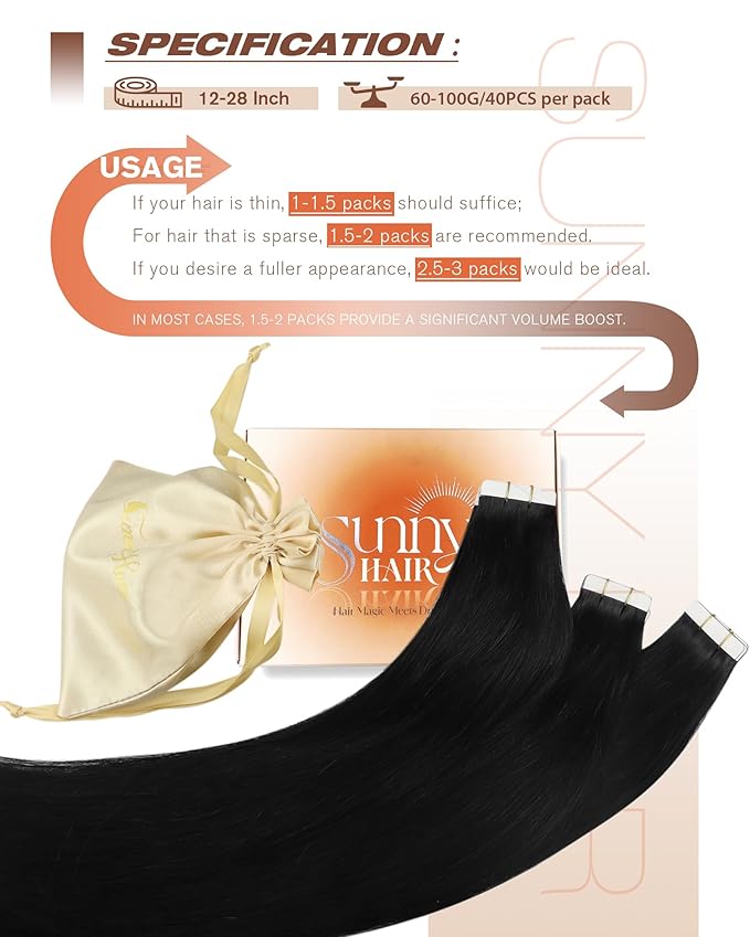 Sunny Hair Tape in Hair Extensions Human Hair 12inch Hair Extensions Real Human Hair Tape in Extensions for Women Jet Black Invisible Remy Hair Natural Straight Skin Weft Double Sided Tapes 40pcs 60g