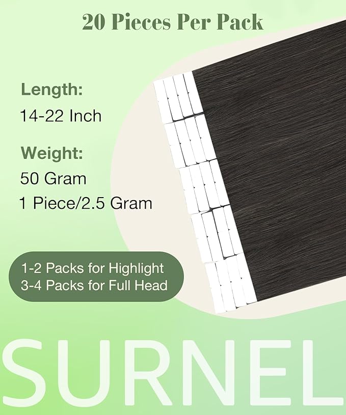 SURNEL Tape in Hair Extensions Human Hair Color 2 Darkest Brown 18 inch Tape in Hair Extensions 20 pcs 50g(#2-18)