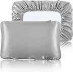 SiinvdaBZX Silver Grey Satin Pillowcase Standard/Queen Size Set of 2, Silky Travel Elastic Band Satin Pillow Case for Hair and Skin, Soft Portable & Fit for Various Pillow