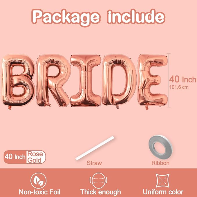 40 Inch Rose Gold BRIDE Letter Foil Balloons, Giant Mylar Helium Balloons - Image 2