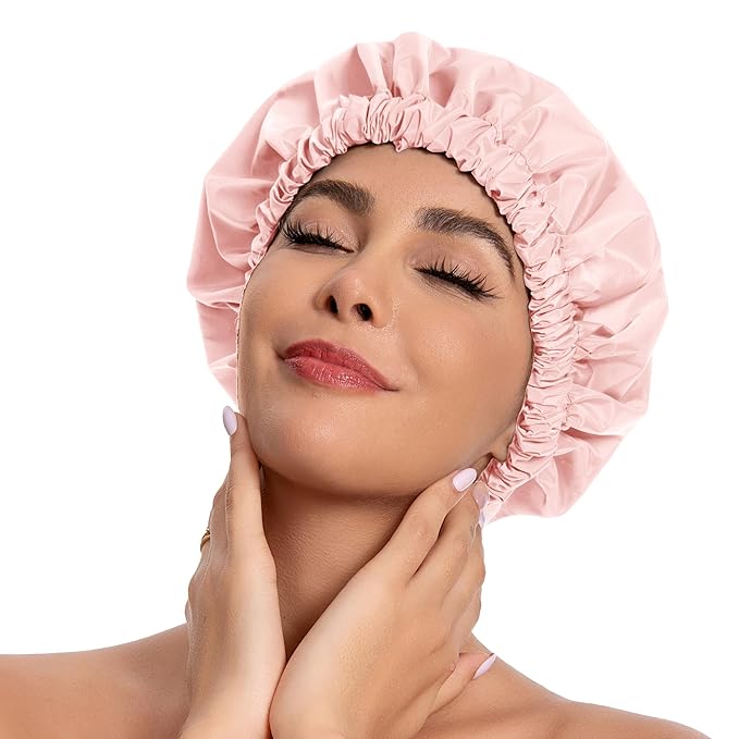 Reusable Shower Cap for Women, Stylish Large Waterproof Shower Bonnet Washable Wide Elastic Band Hair Cap for Long Hair, Braids Bath Hat(Pink)