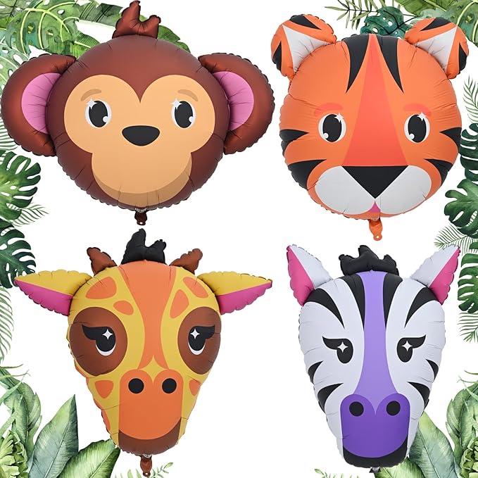 4pcs Large Jungle Safari Animal Balloons, Tiger Giraffe Zebra Monkey Head Foil by Paeyeq