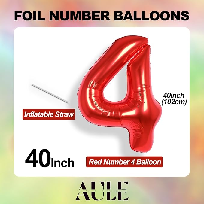 AULE 40 Inch Red 4 Balloon Number Foil 0-9 Birthday Big Numbers | Birthday - Image 5