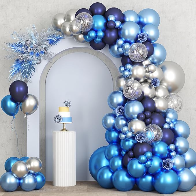 RUBFAC 87pcs Metallic Blue Silver Balloon Garland Arch Kit, 18 12 10 5 Inch by RUBFAC