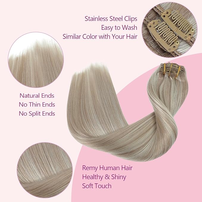 PINKPEARL Clip in Hair Extensions #18P1000 Ash Blonde Highlighted Gray Blonde 7pcs 14 Inch 120g Real Remy Hair Extensions Clip in Human Hair(#18P1000-14)
