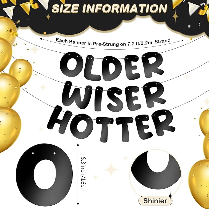 Fulmoon Set of 3 Pre Strung Older Wiser Hotter Glitter Banner Funny Birthday - Image 3