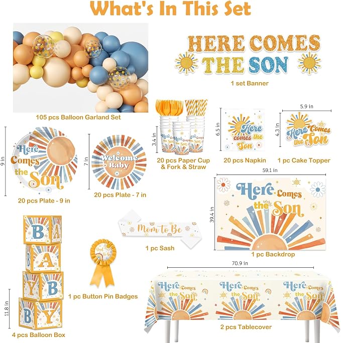 233 Pcs Here Comes The Son Baby Shower Decor - Image 2