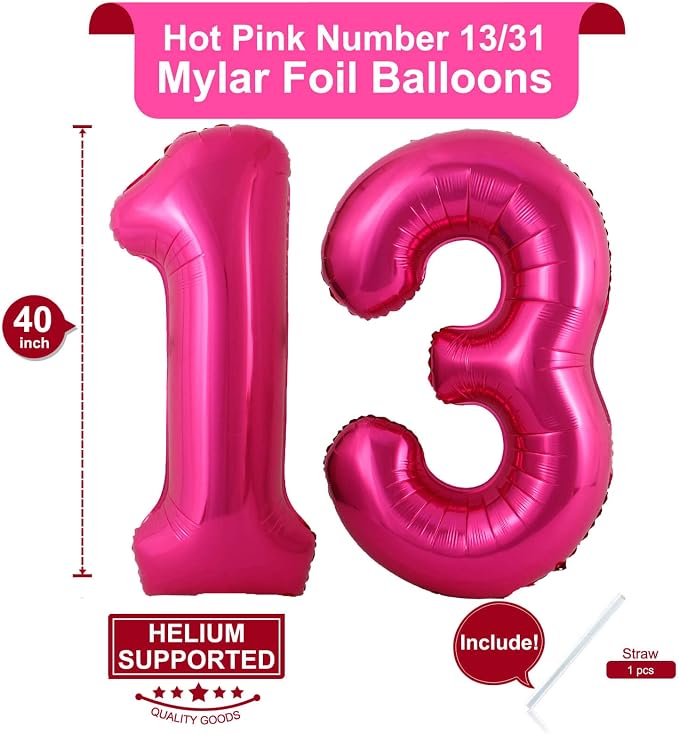 40 Inch Hot Pink 13 Number Balloons Giant Jumbo Huge 13 or 31 Foil Mylar Helium - Image 2