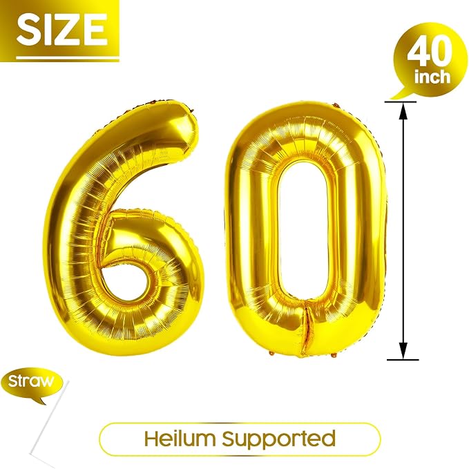 60 Balloon - Gold Birthday Number Balloons, 40 Inch Decorations Men Women | - Image 5