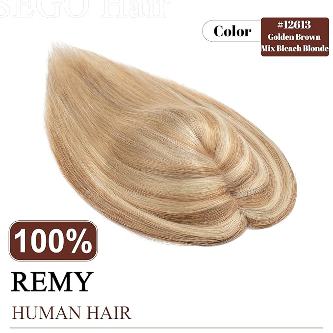 SEGO Hair Topper for Women, No Bangs Real Human Hair Topper with Anti-Slip Clips (8 Inch#12/613 Golden Brown Mix Bleach Blonde)