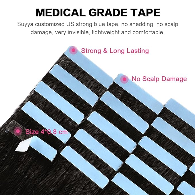 SUYYA Tape in Hair Extensions Remy Human Hair 14 inches 40g/pack 20pcs Straight Seamless Skin Weft Natural Black Tape in Extensions Human hair(14 inches #1B Off Black)