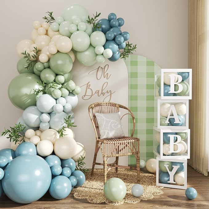 CROSSFINGERS Dusty Blue Sage Green Balloon Baby Shower Decorations | 132Pcs by CROSSFINGERS