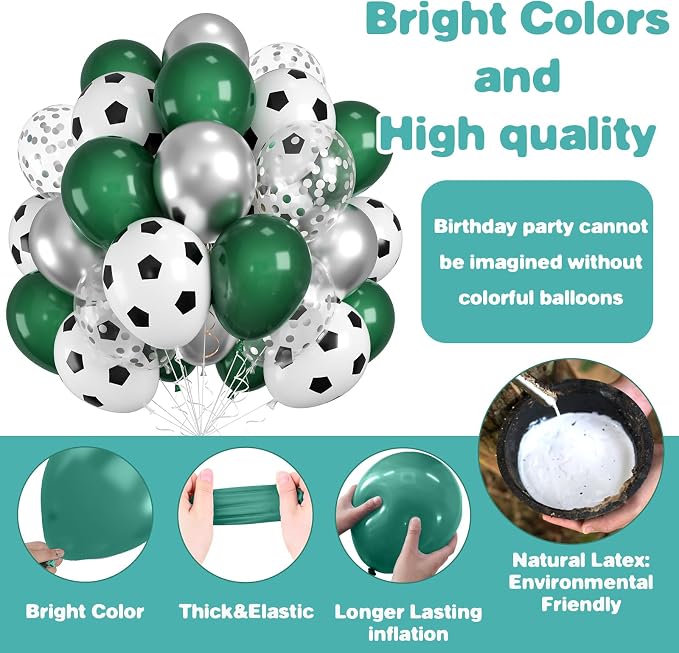 Soccer Balloons, 12 Inch Soccer Printed Balloons Dark Green White Silver Latex - Image 7