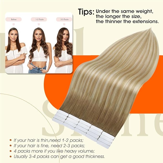 Full Shine Balayage Blonde Tape in Human Hair 6/27/60 Tape Hair Extensions Real Human Hair Ombre Extension Balayage Remy Seamless Skin Weft for Women 22 Inch 50 Gram 20pcs Brazilian Natural