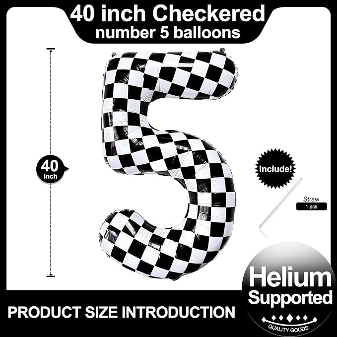 Checkered Number 5 Balloons 40 Inch Giant Race Car Checkered 5 Balloons - Image 2