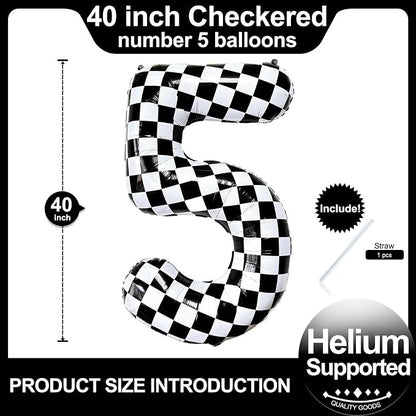 Checkered Number 5 Balloons 40 Inch Giant Race Car Checkered 5 Balloons - Image 2