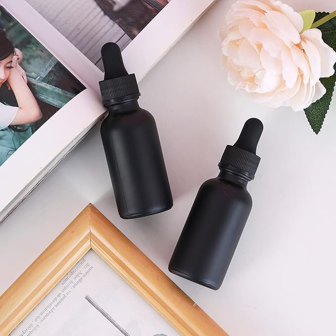 2 oz Dropper Bottle 24 Pack Black Glass Boston Bottles 60ml with Eye Droppers Black Caps for Essential Oils, Perfume, Leak Proof Travel Bottles for Liquids