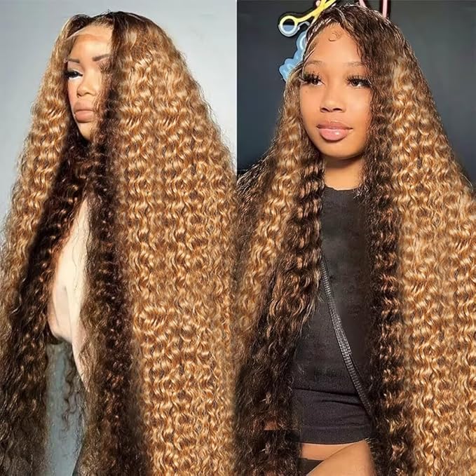 AMIRTY 360 Honey Blonde Water Wave Wig Human Hair 4/27 Highlight Curly Wig Pre Plucked Ombre Lace Front Wig Human Hair Deep Wave Lace Front Wig Colored Wigs 22Inch