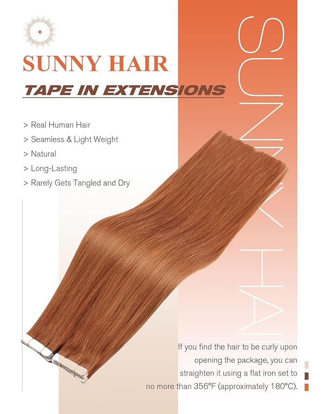 Sunny Hair Tape in Hair Extensions Real Human Hair Invisible Remy Hair Extensions Tape ins for Women Copper Red 24 inch 20Pcs 50G