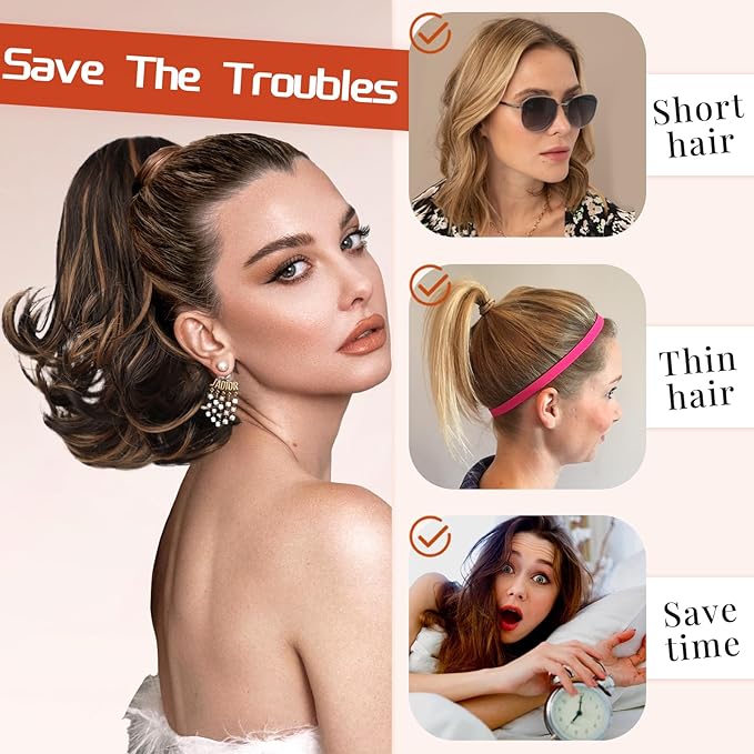 KooKaStyle Ponytail Extension, 10" Short Claw Clip in Pony Tails Hair Extensions Curly Wavy Synthetic Drawstring Hairpieces for Women(Dark Brown with Auburn Highlight)