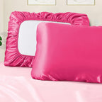 Manyshofu Satin Pillowcases for Hair Protection - 2Pcs Hot Pink Pillow Cases, Elastic Band Standard & Queen Satin Pillowcases Luxury Silky Pillow Cases Travel Pillow Covers