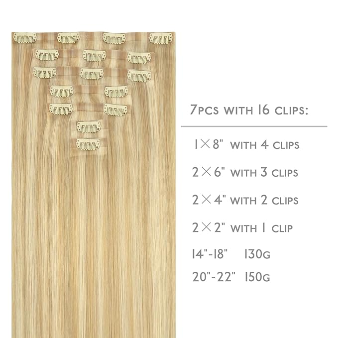 WENNALIFE Seamless Clip In Hair Extensions, 18 Inch 7pcs 130g Light Blonde Highlighted Golden Blonde Hair Extensions Clip In Real Human Hair Extensions Invisible PU Weft Human