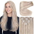 Ve Sunny Clip in Hair Extensions Real Human Hair Ash Blonde Highlight Bleach Blonde Hair for Women Hair Extensions Clip ins Long Double Weft 120g 24inch 7pcs