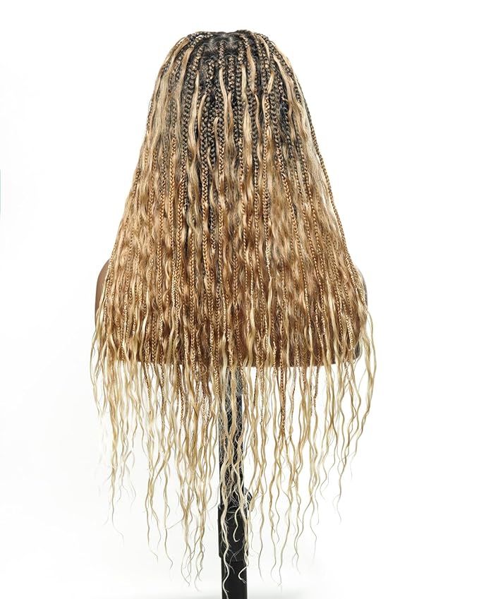 Human Hair Boho Curls Hand-Tied Full Lace Wig - 24" Small Box Braids (79 Braids) Pre-Cut Real Swiss HD Lace, Lightweight, Pre-Plucked, Knotless, Tangle-Free Boho Braided Wig | 1B/27/613