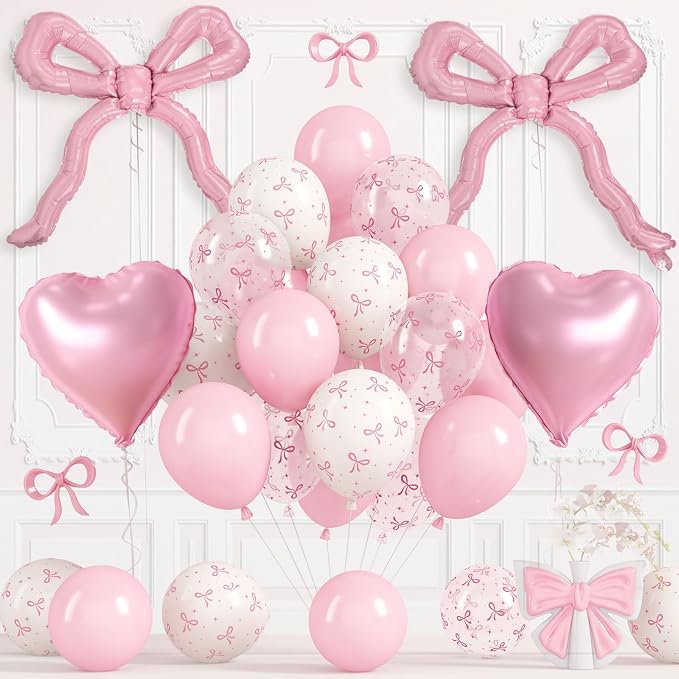 Pink Bow Balloons, Light Pastel Pink White Bow Print Balloons by Togvu