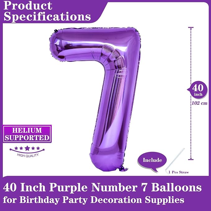 Purple Number 7 Balloons, 40 Inch Giant Number Balloons Foil Mylar Helium - Image 2