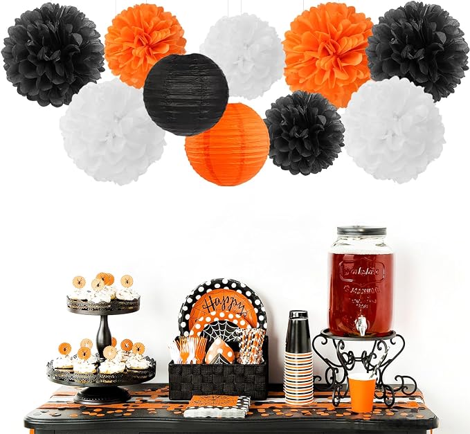 Orange-Black White Party-Decorations Paper-Flowers Lanterns - Image 2