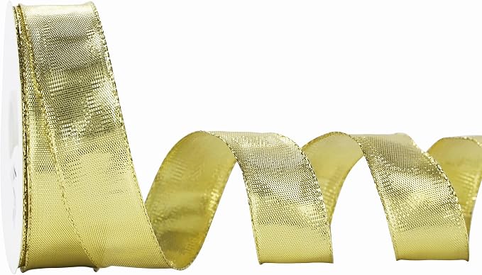Gold Metallic Wired Ribbon 1 Inch x 25 Yards, Woven Ribbon by MEEDEE
