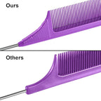 Leinuosen 3 Packs Rat Tail Comb Steel Pin Rat Tail Carbon Fiber Heat Resistant Teasing Combs with Stainless Steel Pintail (Purple, Orange, Yellow)