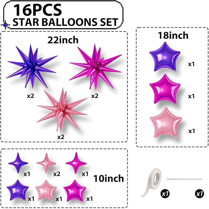 Hot Pink Purple Star Balloons, 22/18/10 Inch Foil Balloons, Four-Pointed Balloon - Image 2