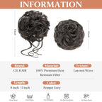 CJL HAIR 2PCS Messy Bun Hair Pieces Wavy Curly Synthetic Updo Chignon Fake Scrunchies Ponytail Extension for Women Pepper Grey