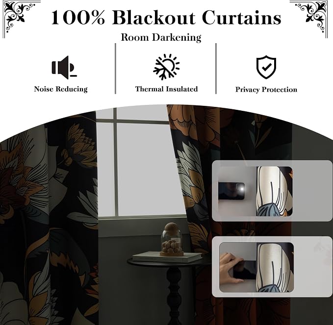 Tyrot Black Boho Floral 100% Blackout Curtains - Image 3