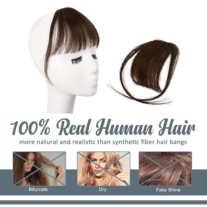 BARSDAR Real Human Hair Bangs Clip in - 100% Human Hair Clip in Bangs for Women - Dark Brown Wispy Bangs Extensions Fringe with Temples Real Hair Bangs Hairpieces - Darker Brown