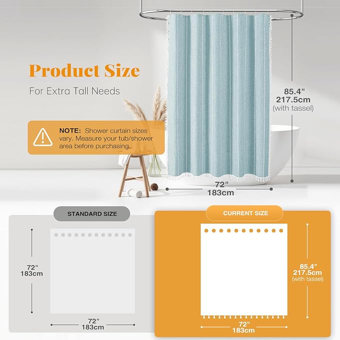 72x84 Long Boho Farmhouse Linen Heavy Duty Shower Curtain, Fog Blue | Tall Size - Image 3