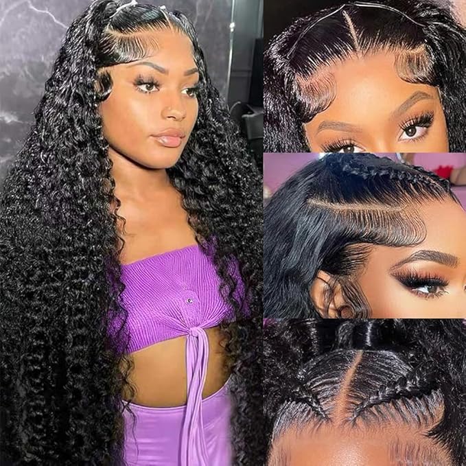 24 Inch 13×6 HD Lace Front Wigs Human Hair Water Wave 200 Density Lace Frontal Wigs Pre Plucked Deep Curly Human Hair Wig for Women Natural Black