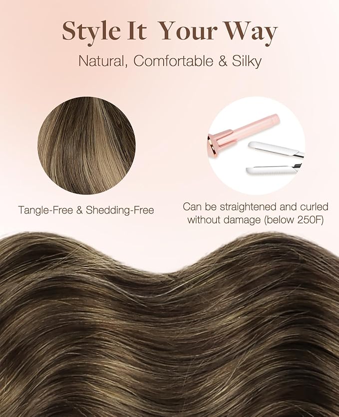 GOO GOO Invisi Edge Tape in Hair Extensions Human Hair, 4/27/4 Balayage Chocolate Brown to Caramel Blonde 10pcs injected with 10pcs classical tape ins, 18inch 50g, Virgin Remy Hair, Natural Look