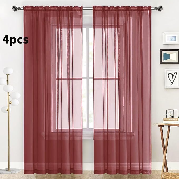 SpaceDresser Burgundy Sheer Curtains 4 Panels Rod Pocket Semi-Sheer Curtain 108 - Image 2