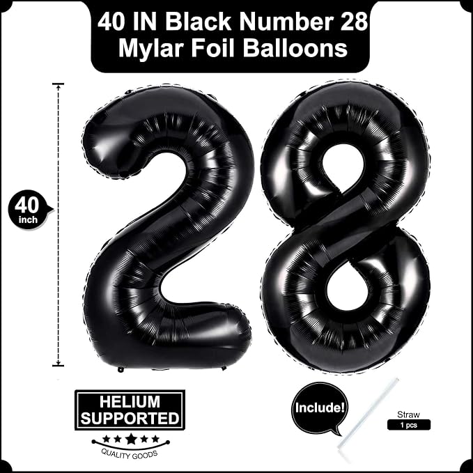 40 Inch Black 28 Balloons Giant Number 28 Balloons Black 28 Birthday Balloons - Image 2